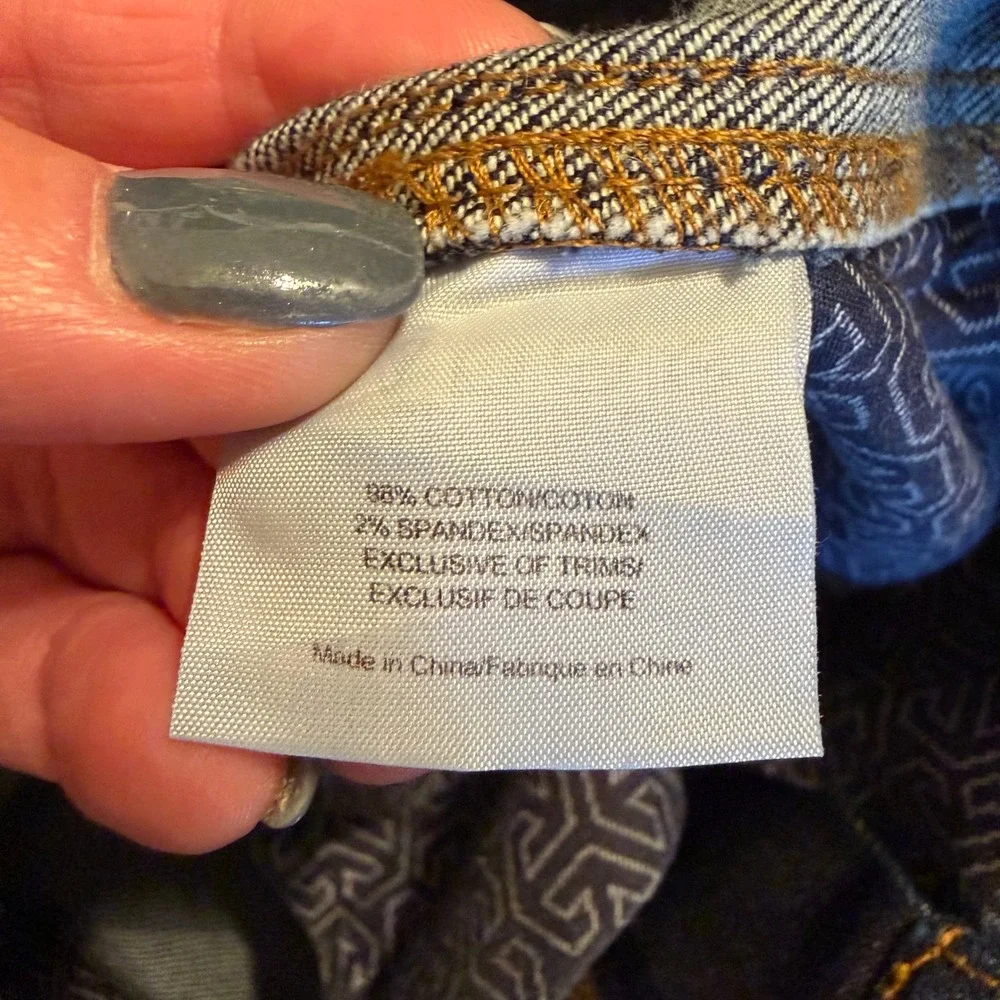 Tory Burch Dark Wash Wide Leg Denim Jeans Gold Logo Size 26 Indigo Stretch